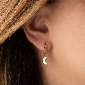 14K Yellow Gold Crescent Moon Cuban Link Huggies Earrings
